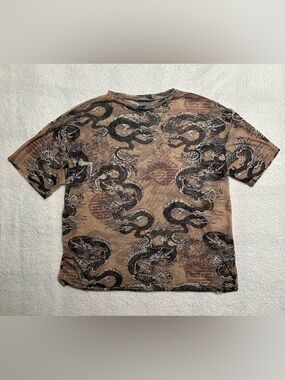 Sheer Brown Tee with Black Dragon Allover Print - Short Sleeve